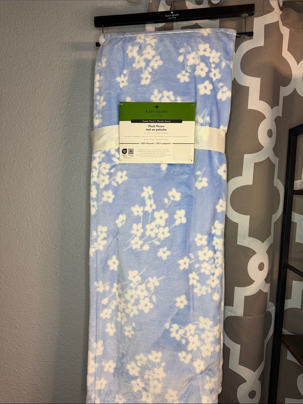 kate spade Light Blue and White Floral Plush Throw